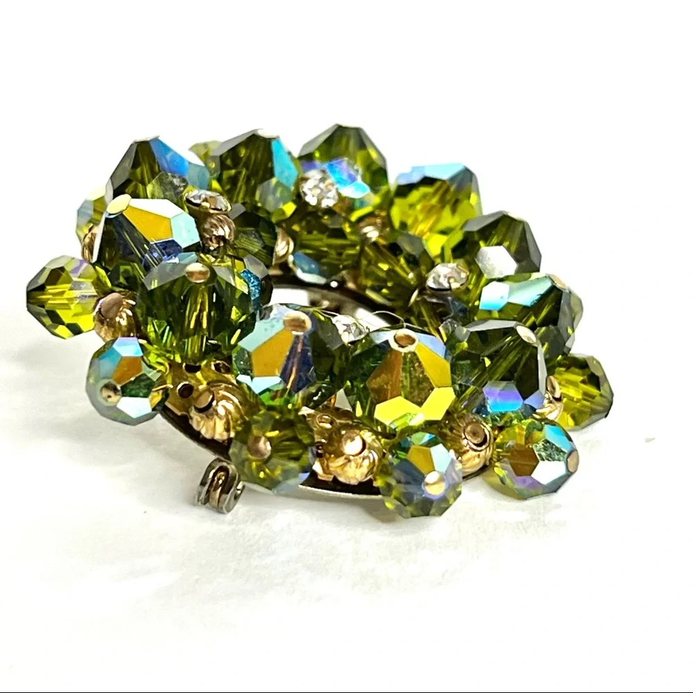 Vintage Brooch Beaded Rhinestone Retro Moss Olive Aurora Green Circle Wreath Pin